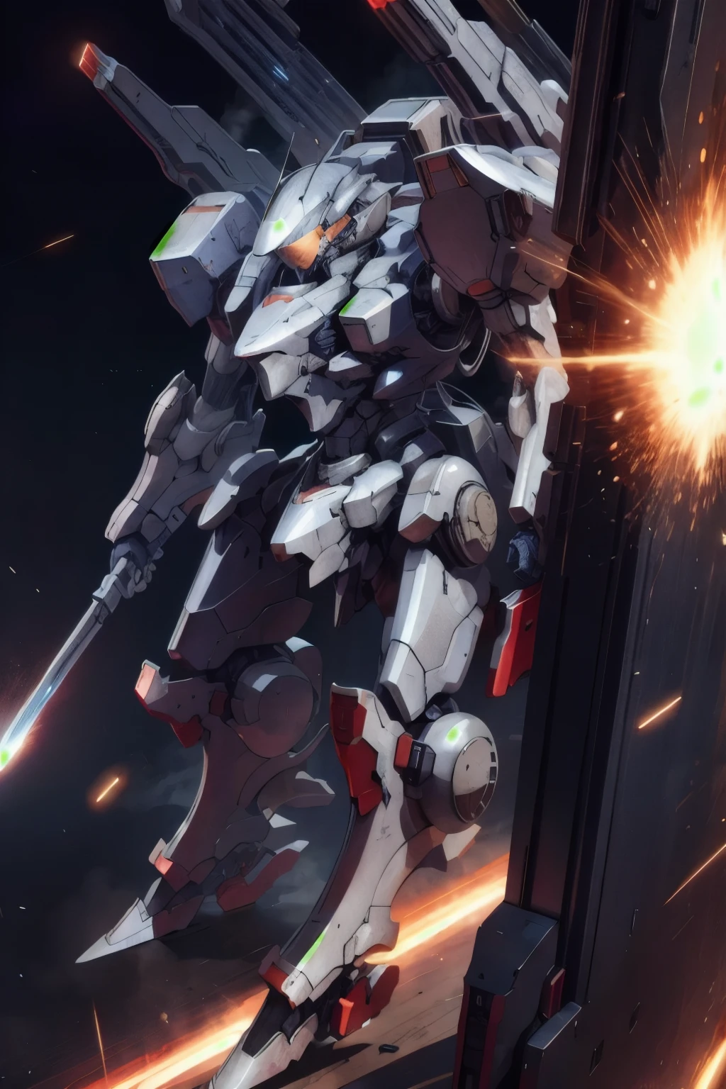 The armored core with spear, was being saturated by enemy fire; The support shield was in tatters in space combat.