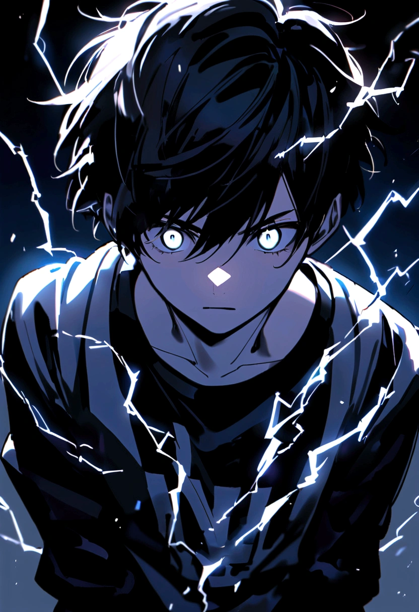 Man 17 years old Long black hair black and white sweatshirt with electricity on his body