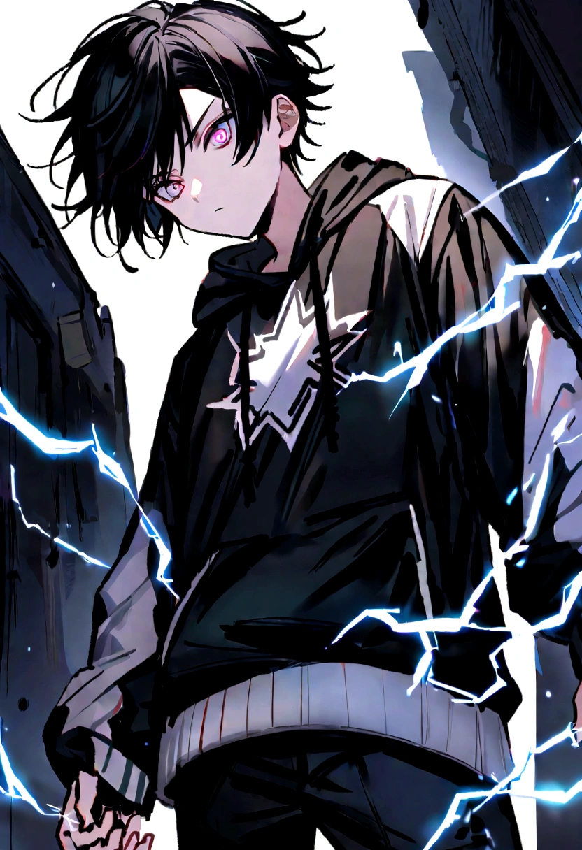 Man Long black hair black and white sweatshirt with electricity on his body