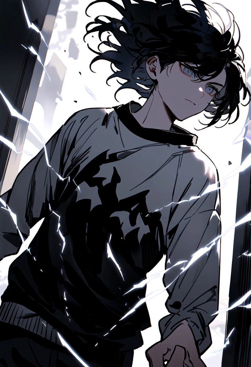 Man Long black hair black and white sweatshirt with electricity on his body