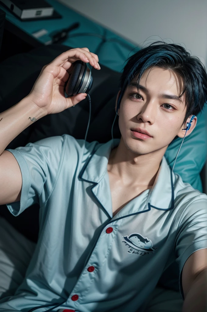 Eric the boyz handsome asian wearing shark pajamas tousled blue hair with headphones lying on his bed selfie