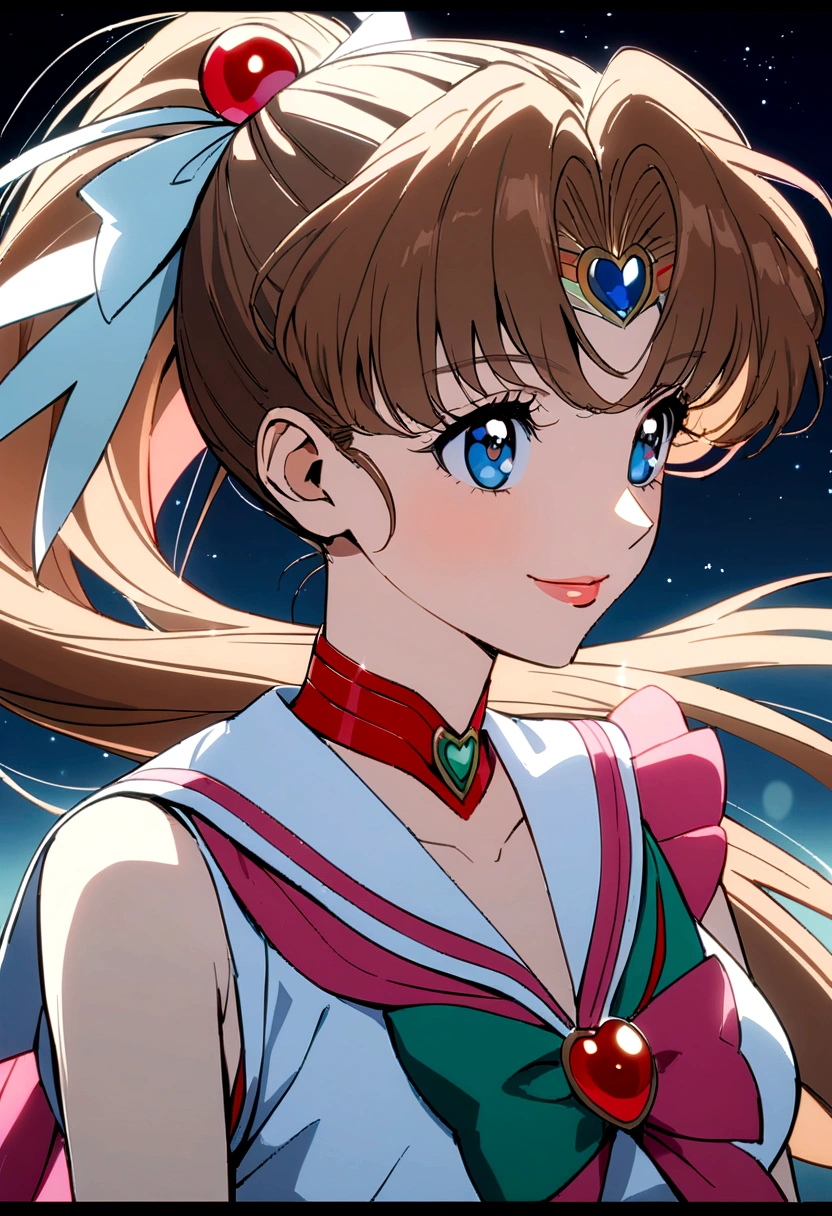 (In 8K、Highest quality、masterpiece:1.2)、One woman、(A cheerful smile:1.1)、Beautiful Eyes、valley、Upper body、Like a boy、thunderの景色、bishoujo senshi sailor moon, anime「Sailor Moon」, Sailor Jupiter,  Elegant and delicate eyes, 4K,Long eyelashes, Beautiful lip detail, Graceful pose, Vibrant colors, Soft and dreamy, Magical Girl Fantasy,thunder,Fantasy,Brown Hair,ponytail