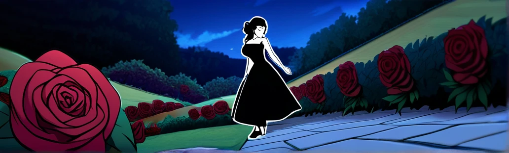 Girl walking backwards, with a black dress, in red rose garden, in one night