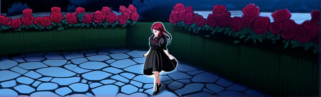 Girl walking backwards, with a black dress, in red rose garden, in one night