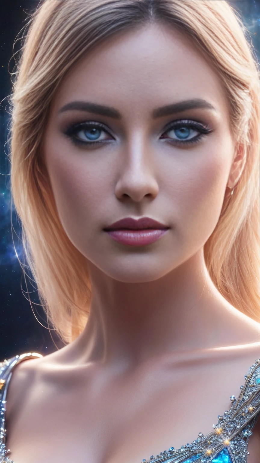 Masterpiece, an ultra hot gorgeous European woman , High Detail Eyes, Perfect Eyes, Portrait, High Detail Face, Same Eyes, Glare, Rainbow Color, Global Illumination, Soft Light, Dream Light, Digital Painting, 8K Close-up, Fantasy, Night Sky, Stars, Nebula, White Crystal, Moonlight, Serenity, Summer, (8K:1.1)