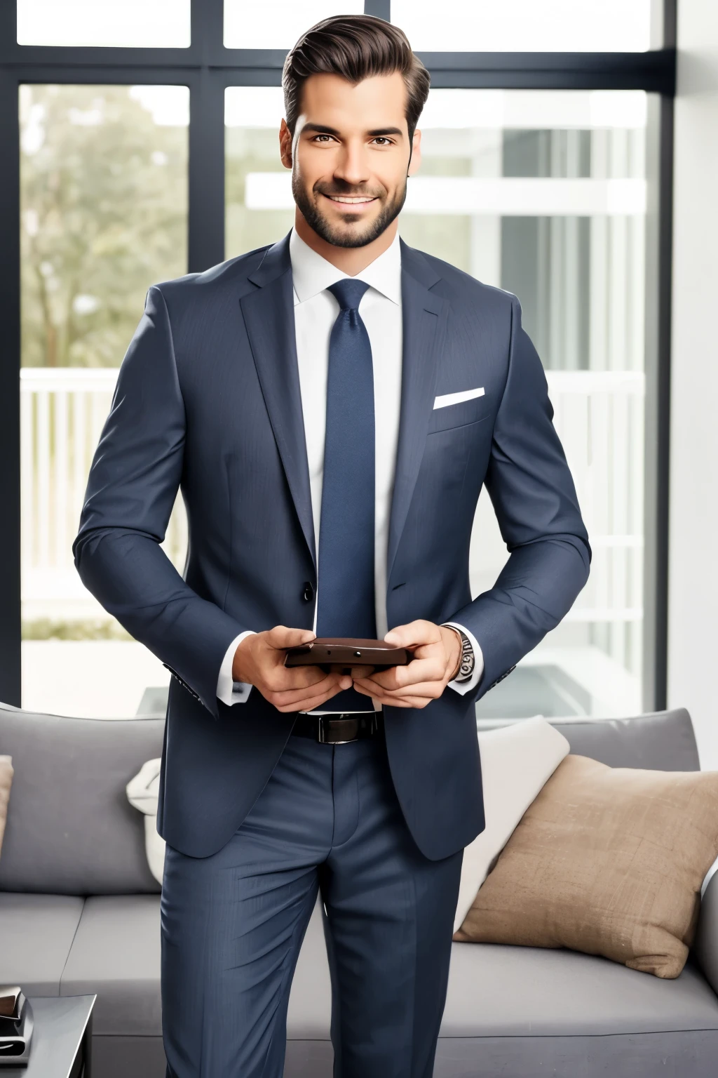 A man, serving as a seasoned real estate agent, is elegantly dressed in a smart navy blue suit with subtle gray stripes. His dark brown hair, slightly wavy, frames his piercing green eyes that radiate confidence and a warm, welcoming demeanor. A twinkle in his eyes conveys both professionalism and friendliness, as he talks to potential clients with ease. He is holding a distinguished brown leather briefcase in one hand, and a set of keys in the other, ready to unlock new opportunities. The image's backdrop showcases a contemporary, well-designed living room, with large windows allowing an abundance of natural light to flood in, further highlighting the agent's sharp presentation