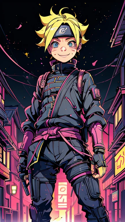 (8k),(masterpiece),(Japanese),(8-year-old boy),((innocent look)),((Childish)),From the front,smile,cute,Innocent,Kind eyes,Flat chest, Uzumaki Boruto,short,Hair blowing in the wind, Yellow Hair,Strong wind,night,dark, Neon light cyberpunk Konoha Village