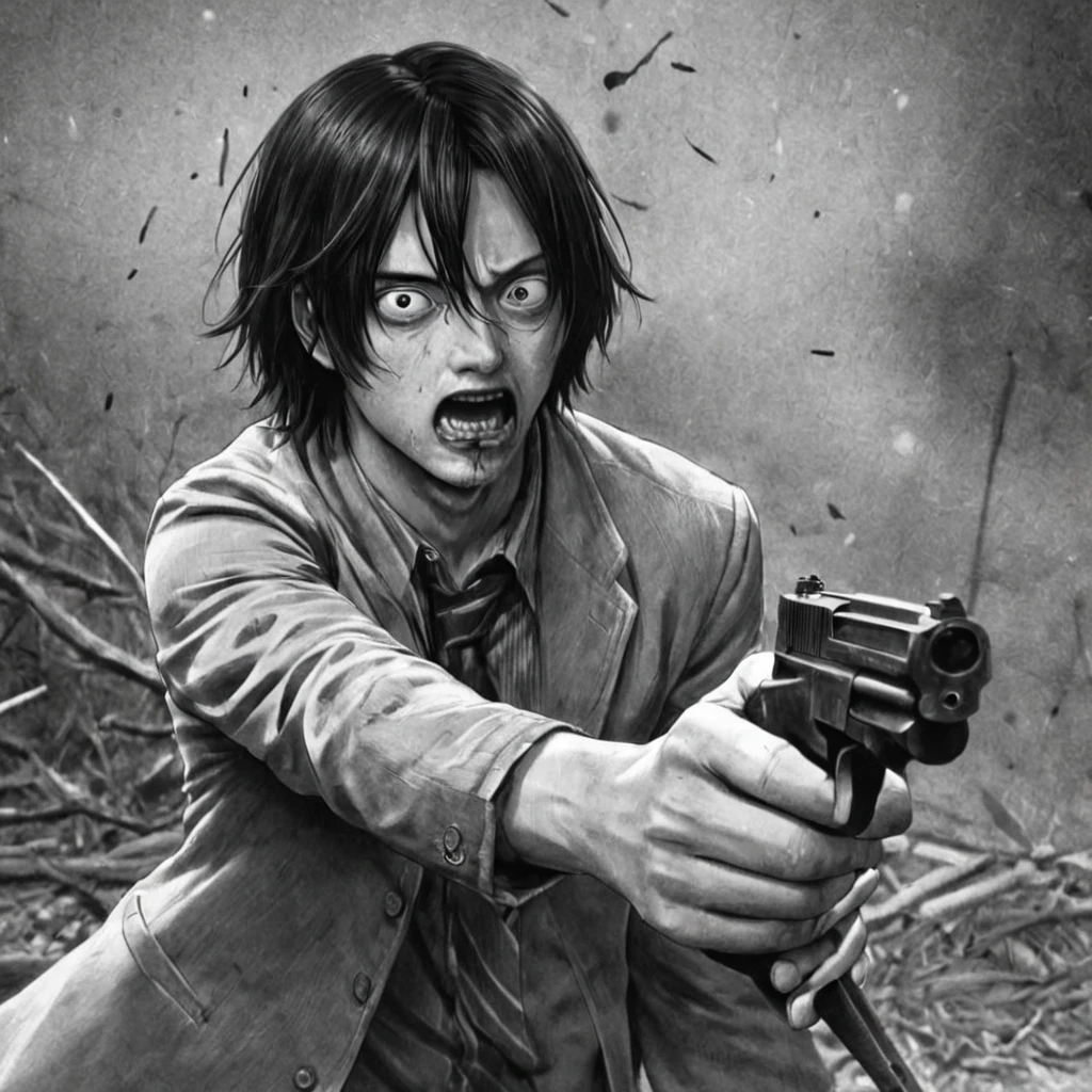 angry man opening fire in the middle, (anime), bizarre scenario, This is Junji, Yusuke Murata, black and white, 8K, anime, horror