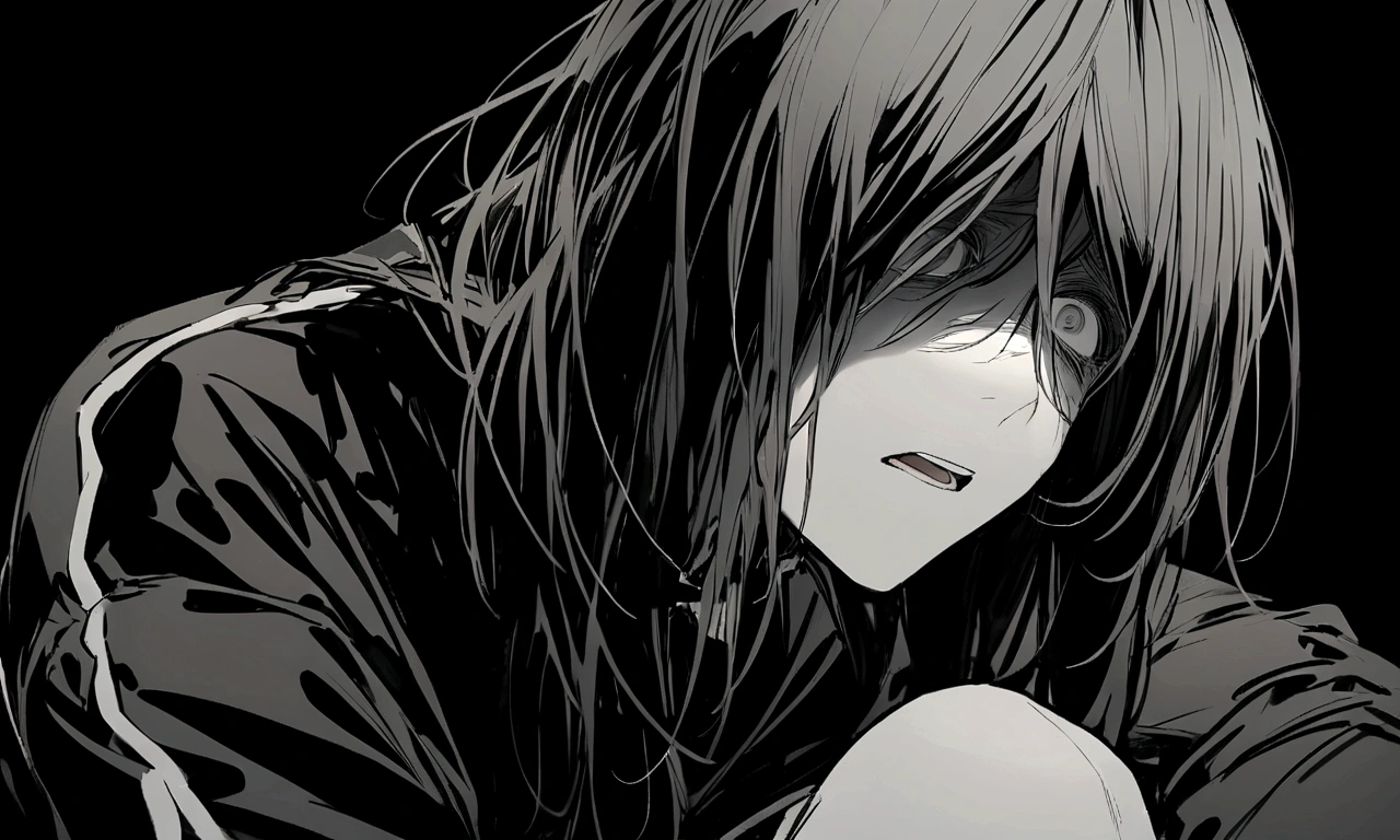 black and white drawing, black background, human, 26 year old male, black neat hair, black hair, a lonely face, wearing gray tracksuit, sit down, raise one's eyes, scream, shout, nier, Despair