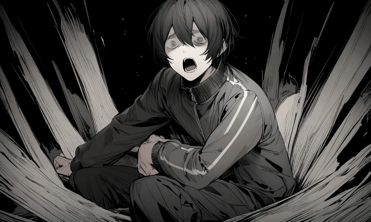 black and white drawing, black background, human, 26 year old male, black neat hair, black hair, a lonely face, wearing gray tracksuit, sit down, raise one's eyes, scream, shout, nier, Despair