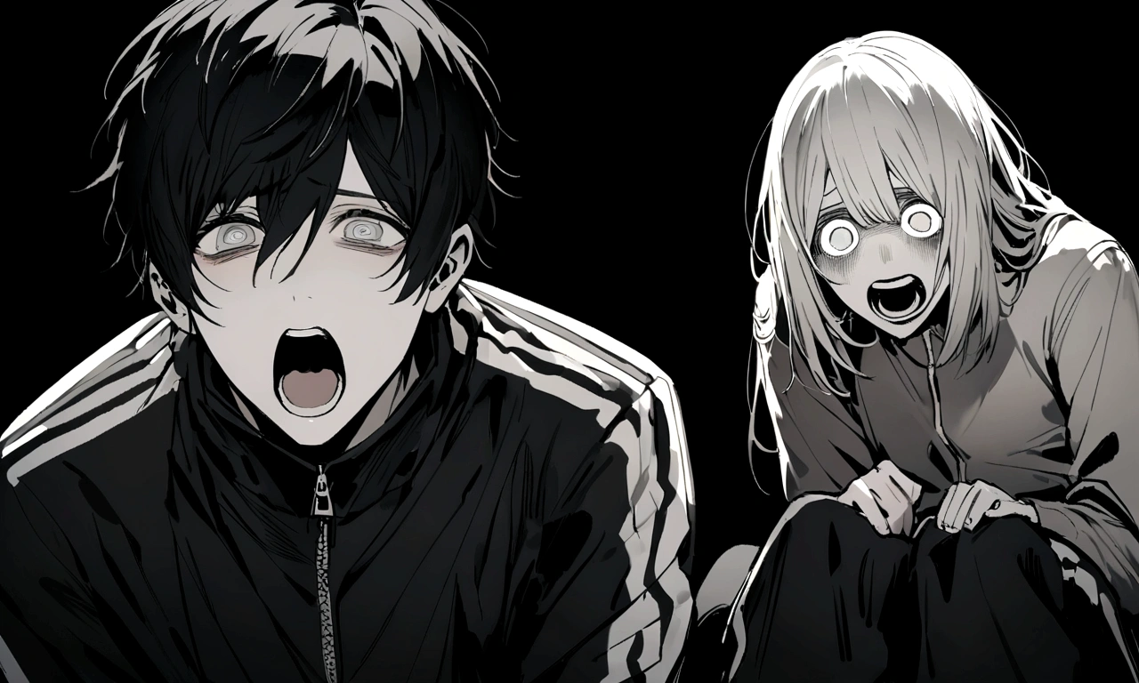 black and white drawing, black background, human, 26 year old male, black neat hair, black hair, a lonely face, wearing gray tracksuit, sit down, raise one's eyes, scream, shout, nier, Despair