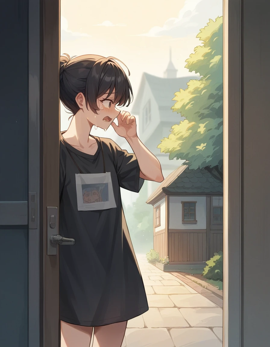 A -yeld gistands in front of the door of a house at night and is knocking on it. She is wearing a dress and she is wearing only a black T-shirt and no pants. She is very, very, very afraid and is crying intensely.