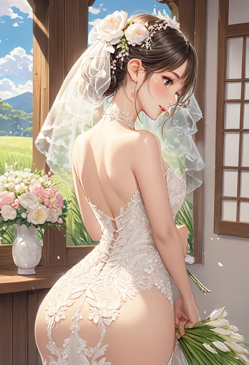 BREAK Perfect Anatomy、(High resolution:1.2)、Incredible illustrations、(Cute illustrations:1.2)、(Beautiful background)(beautiful ass)Bride receiving a rice shower (colored pencil )