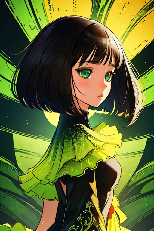 masterpiece, girl, aesthetic anime, bob hairstyle, summer dress, heels, from head to toe, black green & yellow aesthetic background, digital art, anime illustrations, ultra detailed, 8k resolutions, intricate details, aesthetic background
