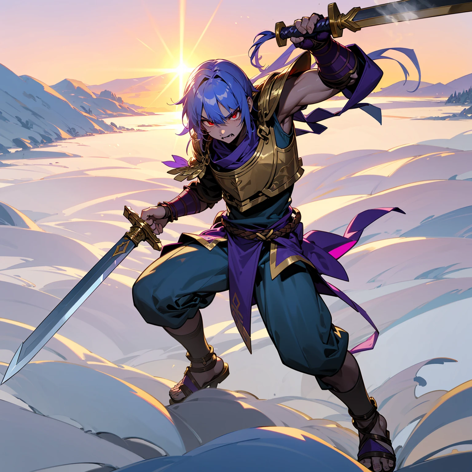 1boys orc, Full body version, red eyes, purple colour skins, angry eyes, cut hair, blue colour hair, angry expression, ancient greek clothing, gladiator sandals, Rapier gold sword in hand, small shield gold, gold armor vest, Grassroots background in snow, sunlight, sun, Sun silhouette, sun glare, smoke, background clutter, damage, war gesture