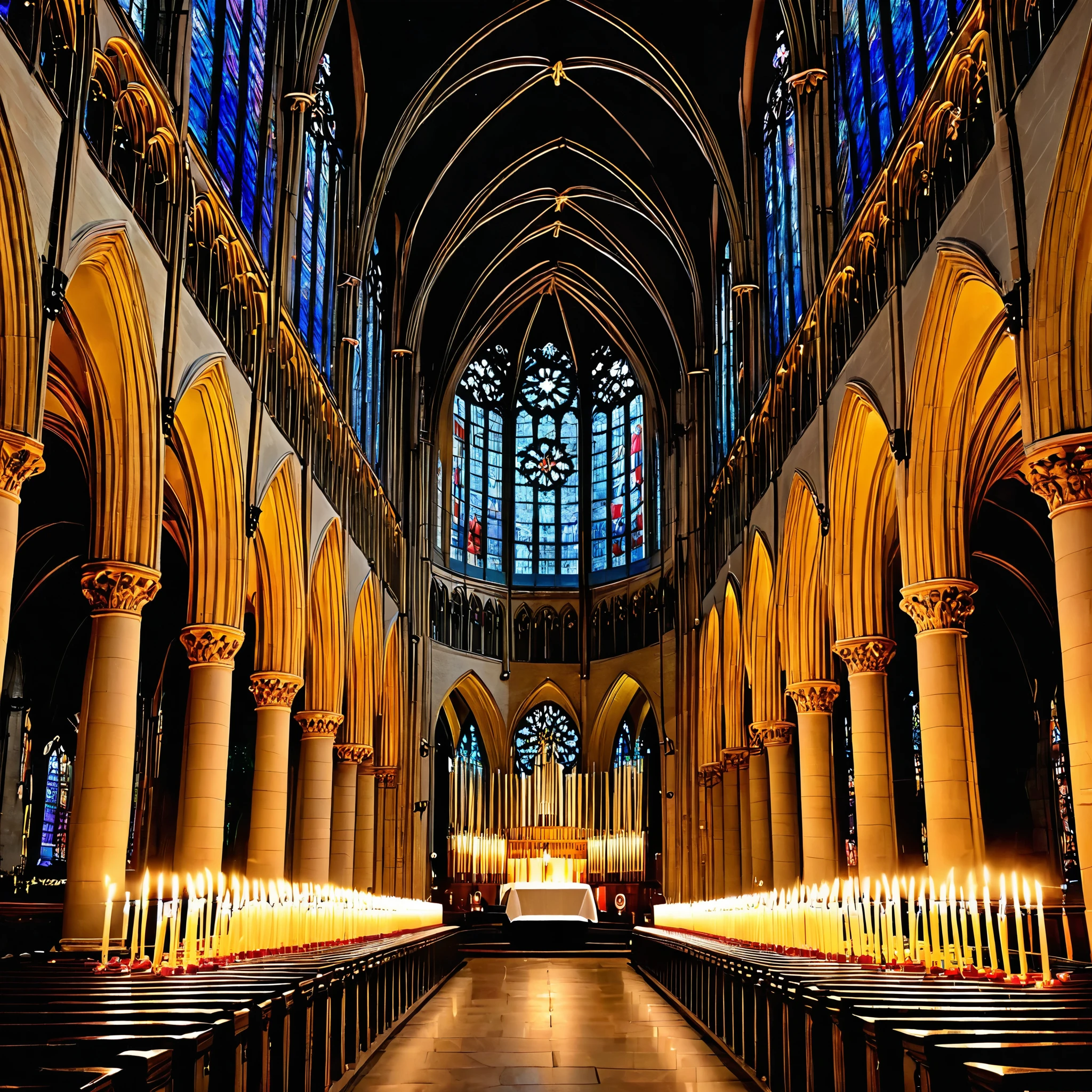 Design a breathtaking cathedral interior with rows of flickering candles, stained glass windows, and a choir singing Christmas carols.