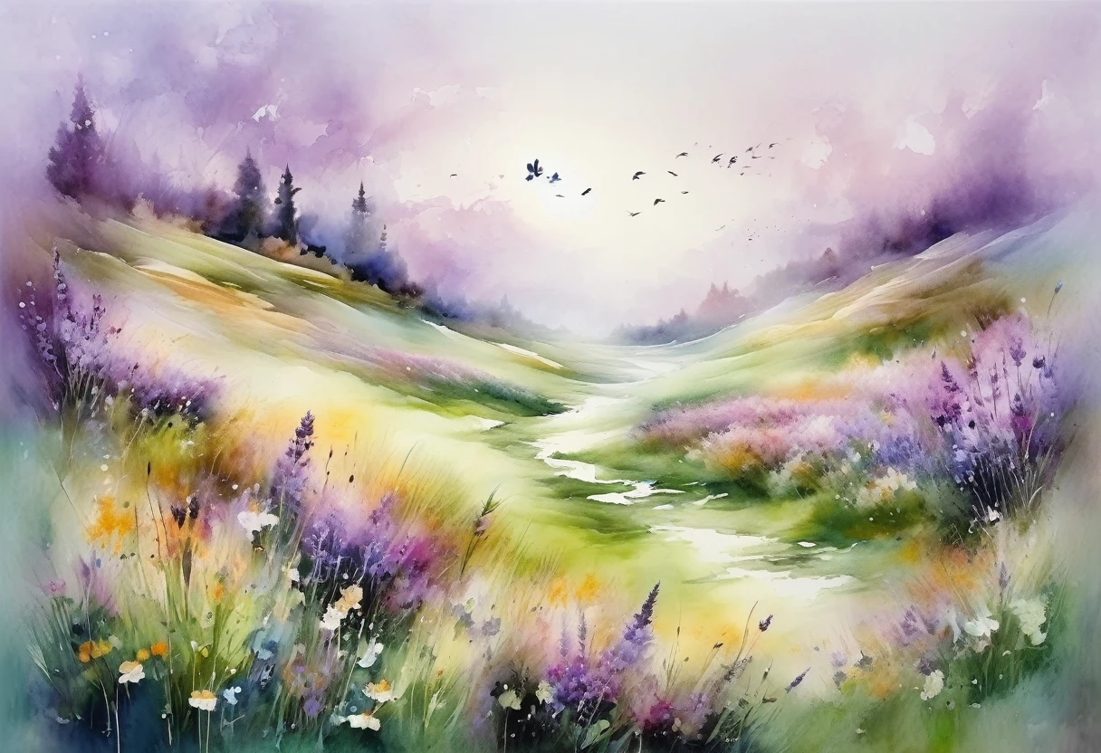 This watercolor flower painting、Elegant and fresh visual effects。Wildflowers and lavender fields，The perfect combination of nature and romance。The screen is dominated by a white background，Highlighted watercolor flowers。Ink Rendering，Splash technology recreates wet conditions，The atmosphere is hazy and dreamy.。The unique composition and abstract expression enhance the artistic atmosphere of the painting.。.。，Contains elements of surrealism。The overall color scheme is mainly light tones..，Lilac and green go together beautifully，View high resolution details。With ink splash effect、Add brightness to your photos。，The pale colors give the flowers depth and understated beauty...。
