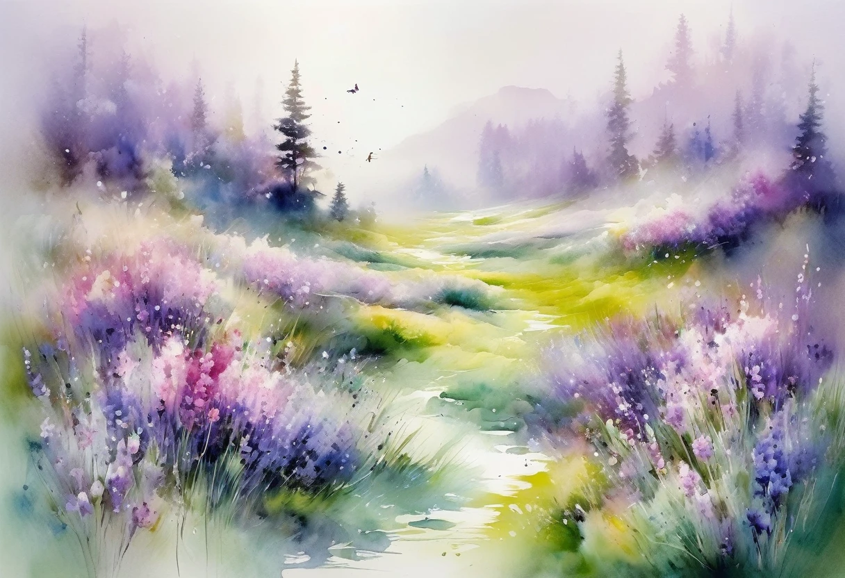This watercolor flower painting、Elegant and fresh visual effects。Wildflowers and lavender fields,The perfect combination of nature and romance。The screen is dominated by a white background,Highlighted watercolor flowers。Ink Rendering,Splash technology recreates wet conditions,The atmosphere is hazy and dreamy.。The unique composition and abstract expression enhance the artistic atmosphere of the painting.。.。,Contains elements of surrealism。The overall color scheme is mainly light tones..,Lilac and green go together beautifully,View high resolution details。With ink splash effect、Add brightness to your photos。,The pale colors give the flowers depth and understated beauty...。
