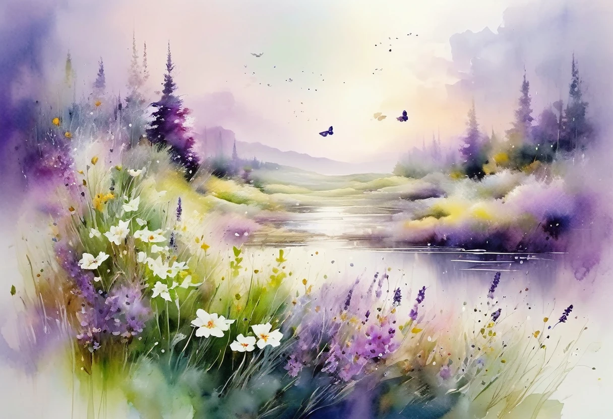 This watercolor flower painting、Elegant and fresh visual effects。Wildflowers and lavender fields,The perfect combination of nature and romance。The screen is dominated by a white background,Highlighted watercolor flowers。Ink Rendering,Splash technology recreates wet conditions,The atmosphere is hazy and dreamy.。The unique composition and abstract expression enhance the artistic atmosphere of the painting.。.。,Contains elements of surrealism。The overall color scheme is mainly light tones..,Lilac and green go together beautifully,View high resolution details。With ink splash effect、Add brightness to your photos。,The pale colors give the flowers depth and understated beauty...。