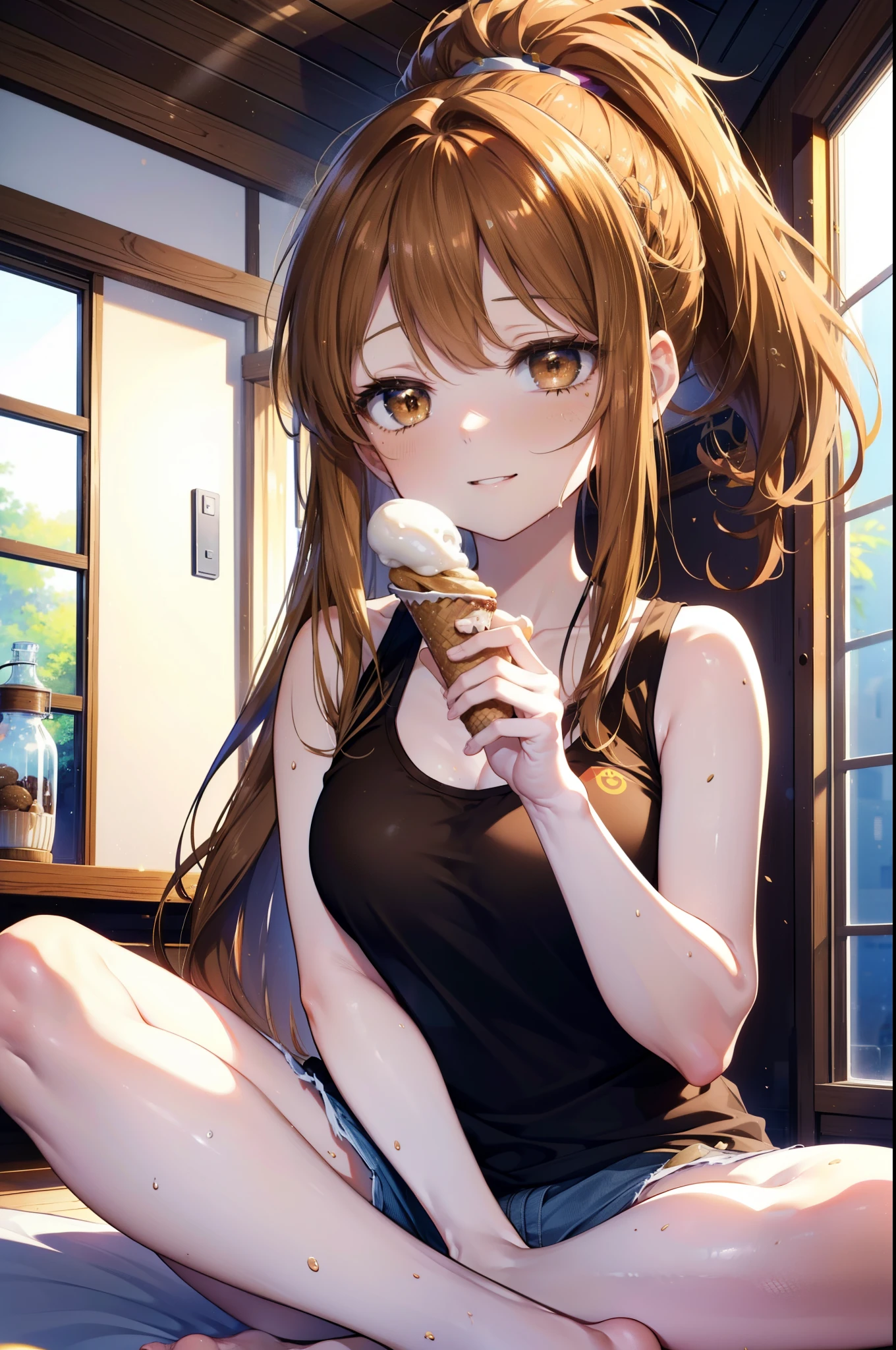 a sun ayuuki, a sun a yuuki, Long Hair, Brown Hair, (Brown eyes:1.8), ponytail,Sweat,濡れて透けたTank top,Tank top,Belly button,happy smile, smile, Open your mouth,Shorts,barefoot,Sitting on the sofa,Holding an ice cream in one hand,noon,Clear skies,
Break indoors,room,
壊す looking at viewer,Systemic
break (masterpiece:1.2), Highest quality, High resolution, unity 8k wallpaper, (shape:0.8), (Fine and beautiful eyes:1.6), Highly detailed face, Perfect lighting, Highly detailed CG, (Perfect hands, Perfect Anatomy),