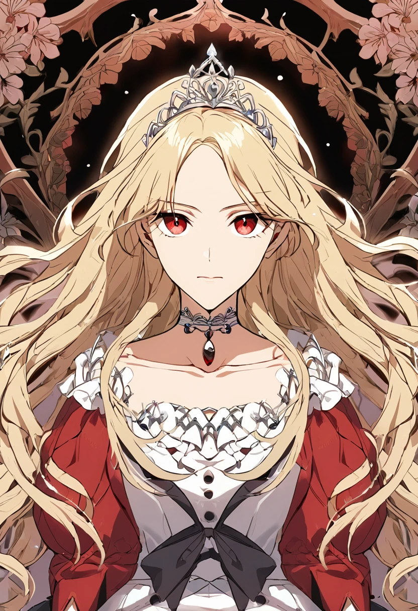 (fantasy-style:1.3), floral background, romance manhwa, 1girl, blonde hair, solo, long hair, flower, dress, tiara, white dress, gloves, long sleeves, choker, red eyes, white gloves, black bow, black flower, wavy hair, bow, jewelry, looking at viewer, white background, collarbone, puffy sleeves, silver accessories, upper body, parted bangs, very long hair, red dress, frills, bangs, closed mouth, (close up),