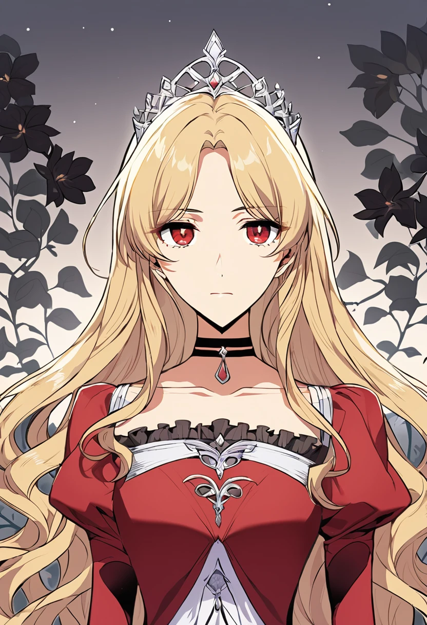 (fantasy-style:1.3), floral background, romance manhwa, 1girl, blonde hair, solo, long hair, flower, dress, tiara, white dress, gloves, long sleeves, choker, red eyes, white gloves, black bow, black flower, wavy hair, bow, jewelry, looking at viewer, white background, collarbone, puffy sleeves, silver accessories, upper body, parted bangs, very long hair, red dress, frills, bangs, closed mouth, (close up),