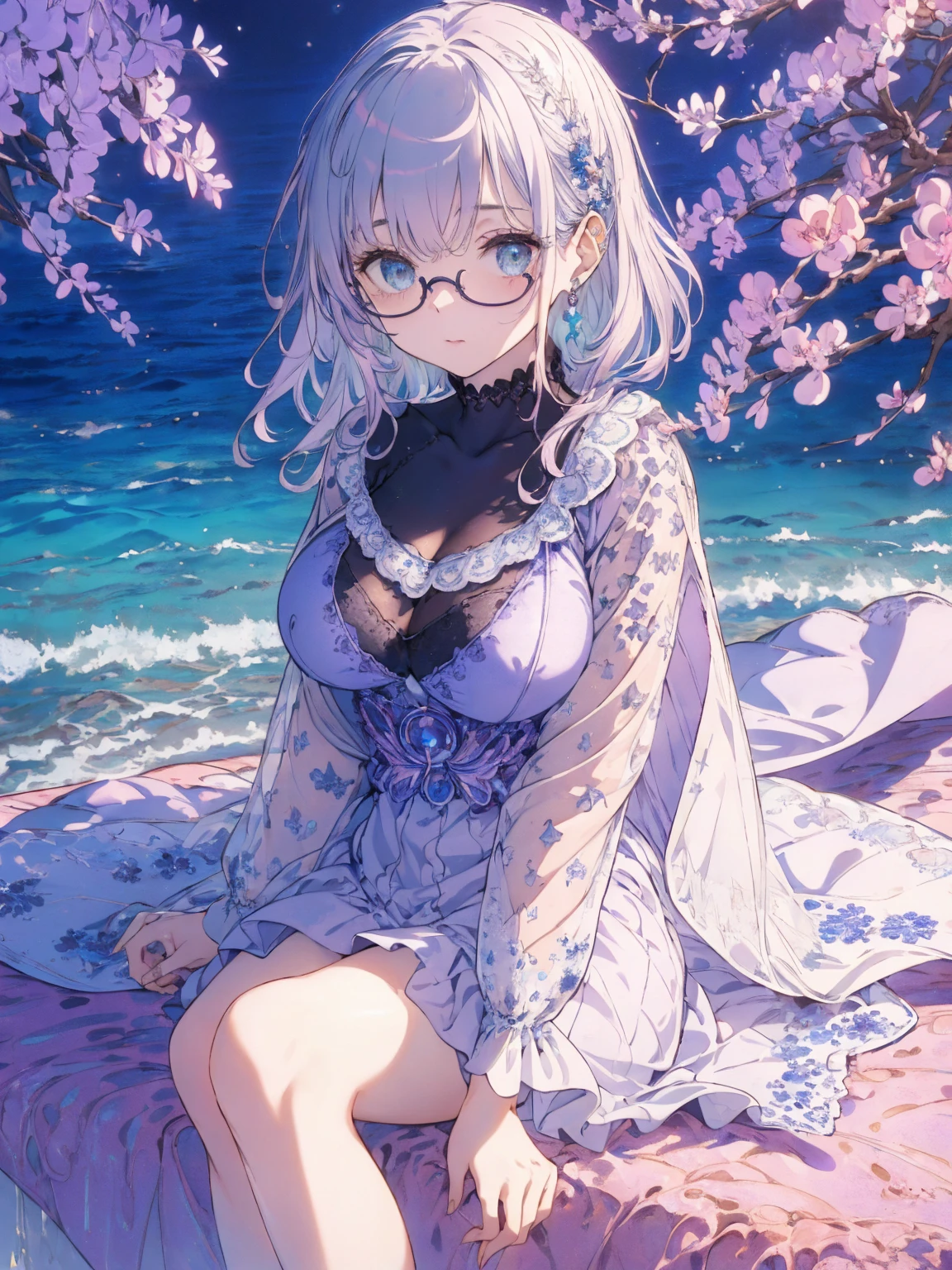 (seaside photo:1.1, in blue marine:1.5), Masterpiece, best quality, (very detailed CG unity 8k wallpaper), (best quality), High definition RAW color art, Animation,sculptures, (pink Marble Skin), (((Ultra detailed elegant))), Magical atmosphere, Detailed skin, Texture,(Intricately detailed, Fine detail, ultra-detail art), depth of fields, bokeh, Silky Touch, Hyper Detail, beautiful eyes, Elegant Face, (sitting on pastel purple waterfront), sparkle background, enormous breast:1.3, (silver hair), pastel purple, fat, embarrassing red face, wide open udder, shorthair, Round Glasse:1.4, parka