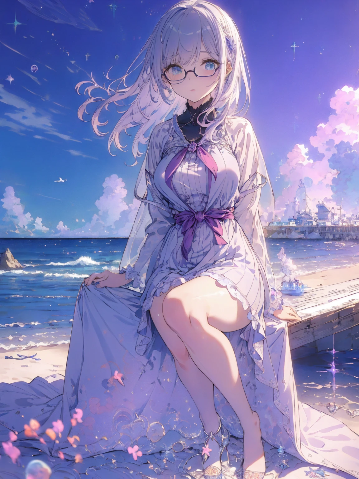 (seaside photo:1.1, in blue marine:1.5), Masterpiece, best quality, (very detailed CG unity 8k wallpaper), (best quality), High definition RAW color art, Animation,sculptures, (pink Marble Skin), (((Ultra detailed elegant))), Magical atmosphere, Detailed skin, Texture,(Intricately detailed, Fine detail, ultra-detail art), depth of fields, bokeh, Silky Touch, Hyper Detail, beautiful eyes, Elegant Face, (sitting on pastel purple waterfront), sparkle background, enormous breast:1.3, (silver hair), pastel purple, fat, embarrassing red face, wide open udder, shorthair, Round Glasse:1.4, parka