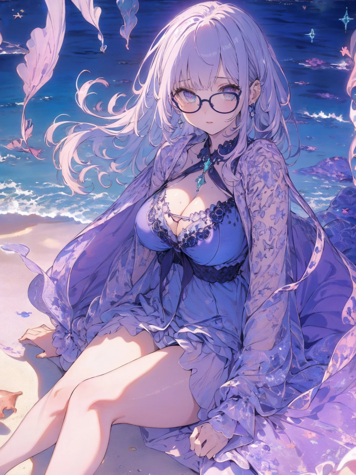 (seaside photo:1.1, in blue marine:1.5), Masterpiece, best quality, (very detailed CG unity 8k wallpaper), (best quality), High definition RAW color art, Animation,sculptures, (pink Marble Skin), (((Ultra detailed elegant))), Magical atmosphere, Detailed skin, Texture,(Intricately detailed, Fine detail, ultra-detail art), depth of fields, bokeh, Silky Touch, Hyper Detail, beautiful eyes, Elegant Face, (sitting on pastel purple waterfront), sparkle background, enormous breast:1.3, (silver hair), pastel purple, fat, embarrassing red face, wide open udder, shorthair, Round Glasse:1.4, parka