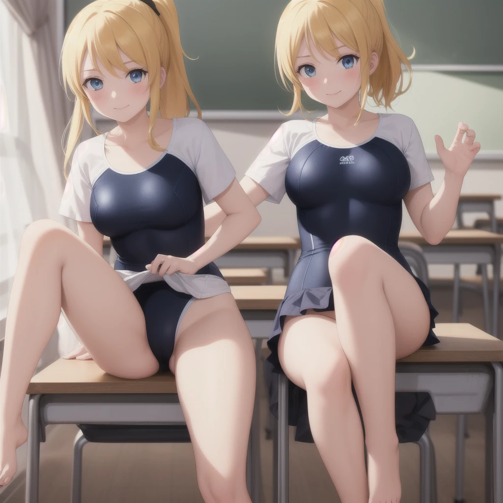 Eri Aase,Eliase, catalyst, Yellow Hair, blue eyes, ponytail, Hair Ribbon, break otonokizaka , pleated skirt, , Short sleeve, skirt, Summer clothes, break looking at viewer, break indoors, classroom, break (masterpiece:1.2), Highest quality, High resolution, unity 8k wallpaper, (figure:0.8), (Beautiful attention to detail:1.6), Highly detailed face, Perfect lighting, Highly detailed CG, (Perfect hands, Perfect Anatomy),Highest quality, masterpiece, High resolution,8k wallpaper,whole bodyイラスト,whole body,one-piece swimsuit,Swimsuit,One piece swimsuit,High leg,背景classroom,Embarrassed face,Watching the audience,blush,smile,Smiling,制服の下にSwimsuit,制服の下にOne piece swimsuit,School swimsuit under uniform,Swimsuit under uniform,swimsuit under clothes,skirtリフト,制服の下にSwimsuitを着込んでいる,制服の下にOne piece swimsuitを着込んでいる,Perfect description,Anime Style,Anime Art,