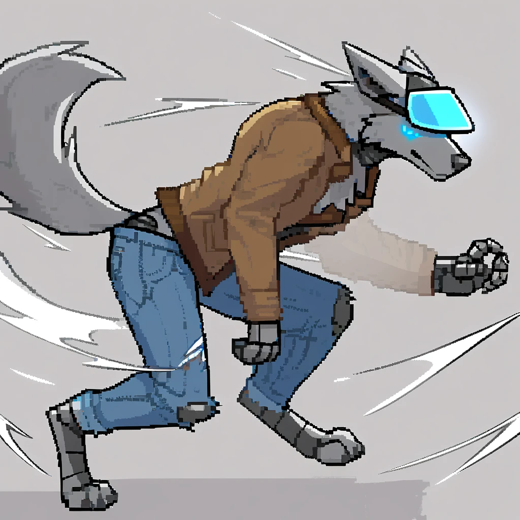 canid, canine, canis, mammal, mythological_canine, were, werecanid, werecanine, dog, robot_dog, metal_body, metal_fur, grey_nose, blue_visor, brown_jacket, ripped_jeans, side_view, running_foward, blowing_wind, male, fingers, fluffy, fluffy_tail, fur, thin_anthro, full_body, solo, digital_media_(artwork), hi_res, masterpiece,