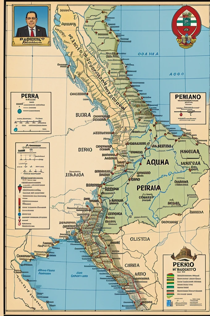 Map of Peru with a caricature of Bustamante and Rivero indicating their birthplace in Arequipa.