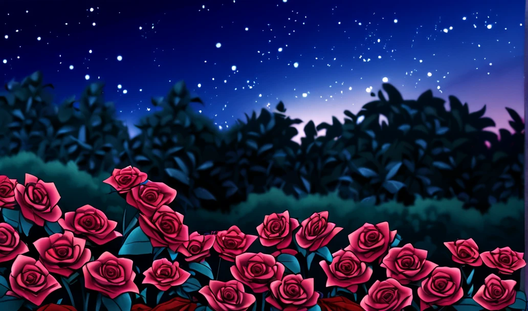 A blood rose in a garden , on a starry night