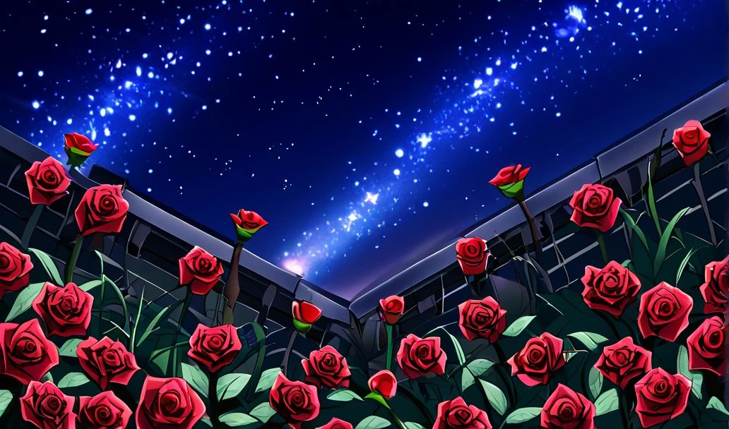 A blood rose in a garden , on a starry night