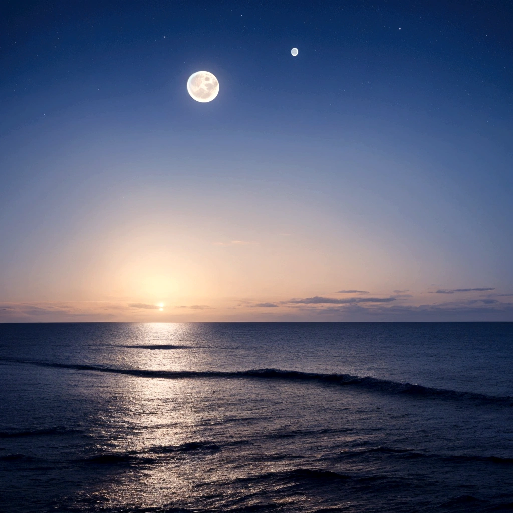 The sea at night, moon
