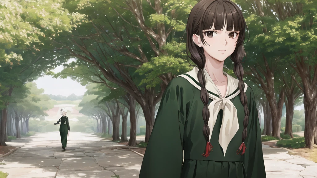 , masterpiece, Highest quality, High resolution, aayoshino, Slender figure, Sickly, White Rose, Long Hair, Twin Blade, Brown eyes, Hair that falls over the shoulders, , Sailor collar, neckerchief, Green Shirt, One piece sailor shirt, Long sleeve, Green Skirt, Long skirt, Are standing, Cowboy Shot, Outdoor, White Rose庭園, Person on the right, Shining Face