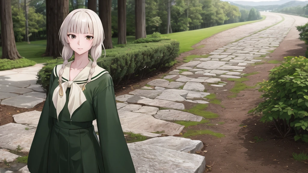 , masterpiece, Highest quality, High resolution, aayoshino, Slender figure, Sickly, White Rose, Long Hair, Twin Blade, Brown eyes, Hair that falls over the shoulders, , Sailor collar, neckerchief, Green Shirt, One piece sailor shirt, Long sleeve, Green Skirt, Long skirt, Are standing, Cowboy Shot, Outdoor, White Rose庭園, Person on the right, Shining Face