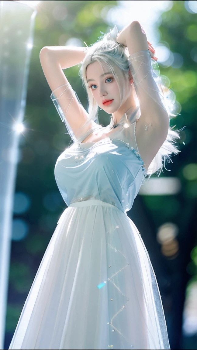 Georgeous, Beautiful, Cute, Baby Face, 18 Years Old, White Skin, Cleavage, ((Large Colossal Breast:1.3)), Sleeveless, Off Shoulder, Strapless, ((Transparent:1.3)), ((White Long Lolita Dress)), (Embroidery), Posing, ((Silver Hair)), ((Bright Blue Eye)), ((Muscles:1.2)), ((Bokeh:1.3)), Animal Farmer Background, Masterpiece, Twintails, Arms Up