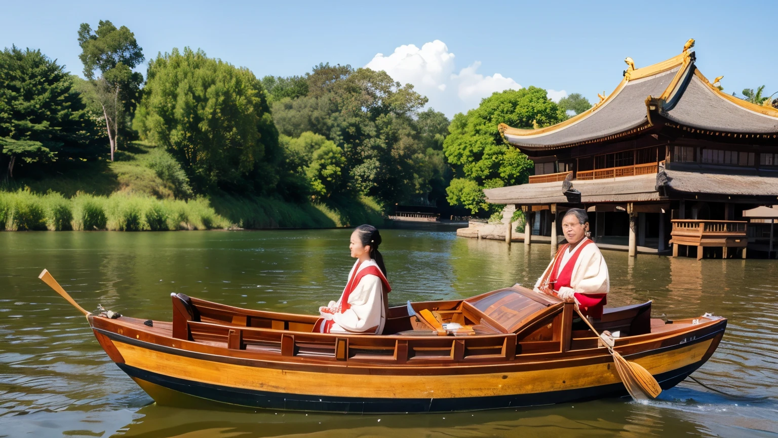 Heian period aristocrats travelling along the river in wooden boats