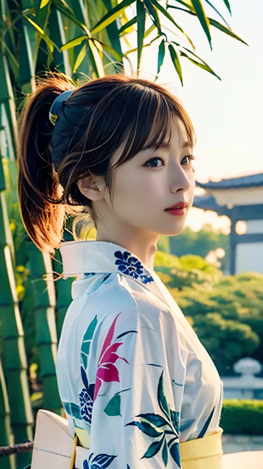 (((Carefully drawn with perfect anatomy))),(((The yukata is carefully drawn without any missing parts, from the collar to the sleeves and hem.:1.6))),((Yukata photo session at the Tanabata festival at a large shrine at dusk as the sun sets)),The collar of the yukata has been pushed back, revealing the white, sweaty nape of the neck.,Warm interior lighting,(((Like a watercolor painting))),(((The large shrine grounds are lined with bamboo trees, and many strips of paper of various colors with wishes written on them are hanging from strings, creating a spectacular sight.:1.6))),The scent of bamboo is pleasant,(((Shiho is picking up a tanzaku and reading it.))),Sweaty neck,((A refreshing figure standing with a fan open and fanning herself)),A low-angle back-pan 4K full-body shot of a woman standing with her mouth corners raised and in a refined manner, with the background in the background, taken from a distance,(((She looks very cute with her beautiful chestnut-colored bangs pulled back in a ponytail that reveals her entire forehead.:1.6))),One girl,Dignified profile,Chestnut brown eyes that even capture the reflected light,Cute hair accessories,Elegant posture and movement with knees together,Inner thighs,The black-toned yukata with watercolor hydrangea pattern and a simple sheer lamé heko obi tied tightly together is adorable.,Bare feet and sandals,((Red lips)),compensate,Tassel,eye shadow,(Realisticなphoto),Highlighting the red evening scenery with the best light and shadow contrast,Main Character,Very high depth of field,soft delicate beautiful attractive 横顔,(Tabletop,high quality,最high quality),(Delicate eyes and face),Ray Tracing,CG Unity 4k Wallpaper,One person,超A high resolution,Realistic:1.4),Attention to detail,Beauty condensed in 1girl,Beautiful brown hair,繊細でHigh noseを持つ美しい顔,Model-like long limbs and a tight waist,Boasting beautiful F-cup breasts,High nose,Clear chestnut eyes,Glossy lips,(((Expressing exceptionally beautiful women in photos))),