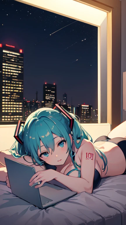 Lying in bed、Studying on a laptop、Hatsune Miku in a bikini、Large Breasts、beautiful night view outside the window