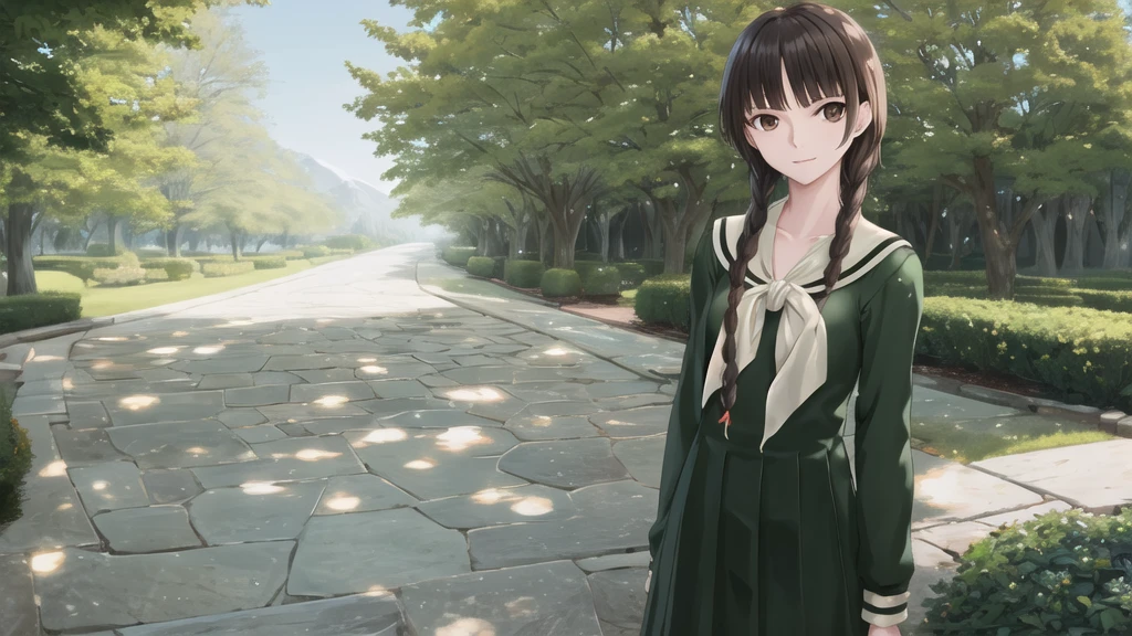 16 years old, masterpiece, Highest quality, High resolution, aayoshino, Slender figure, Sickly, White Rose, Long Hair, Twin Blade, Brown eyes, Hair that falls over the shoulders, , Sailor collar, neckerchief, Green Shirt, One piece sailor shirt, Long sleeve, Green Skirt, Long skirt, Are standing, Cowboy Shot, Outdoor, White Rose庭園, Person on the right, Shining Face