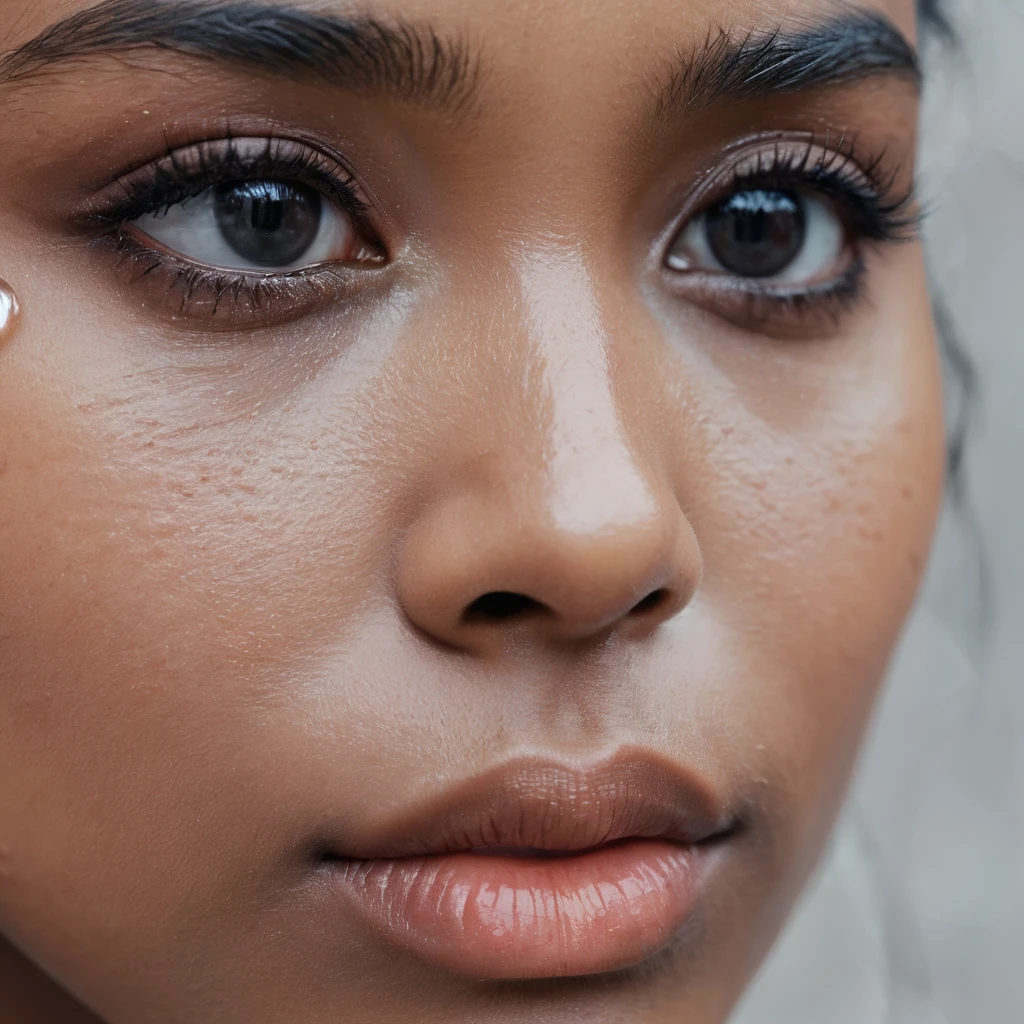 very zoomed in and close up on a beautiful depressed emotional girls eye and cheek, sad crying black girl with crying a single teardrop trail running down her face