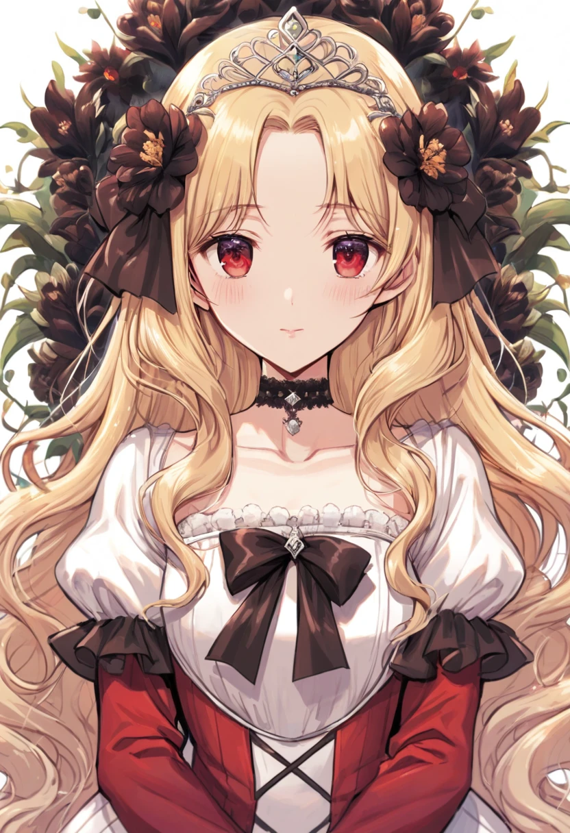 (fantasy-style:1.3), floral background, romance manhwa, 1girl, blonde hair, solo, long hair, flower, dress, tiara, white dress, gloves, long sleeves, choker, red eyes, white gloves, black bow, black flower, wavy hair, bow, jewelry, looking at viewer, white background, collarbone, puffy sleeves, silver accessories, upper body, parted bangs, very long hair, red dress, frills, bangs, closed mouth