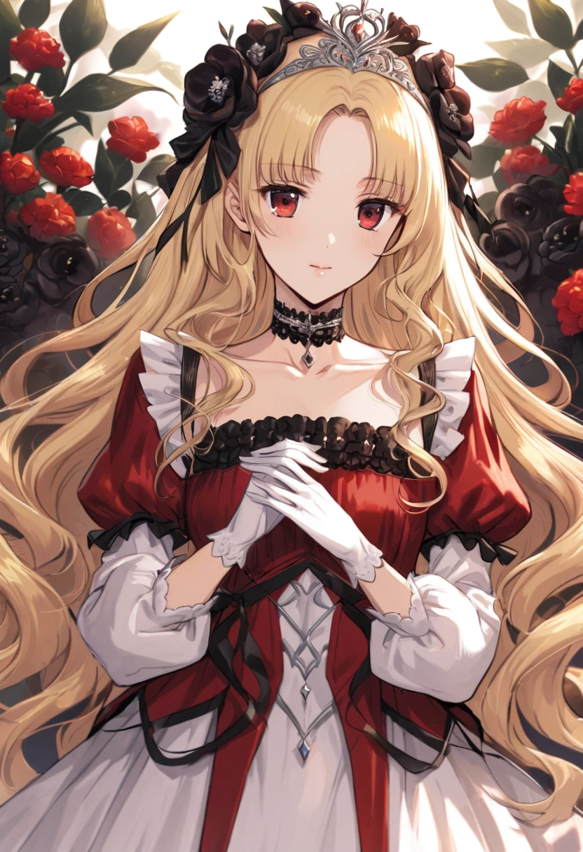 (fantasy-style:1.3), floral background, romance manhwa, 1girl, blonde hair, solo, long hair, flower, dress, tiara, white dress, gloves, long sleeves, choker, red eyes, white gloves, black bow, black flower, wavy hair, bow, jewelry, looking at viewer, white background, collarbone, puffy sleeves, silver accessories, upper body, parted bangs, very long hair, red dress, frills, bangs, closed mouth