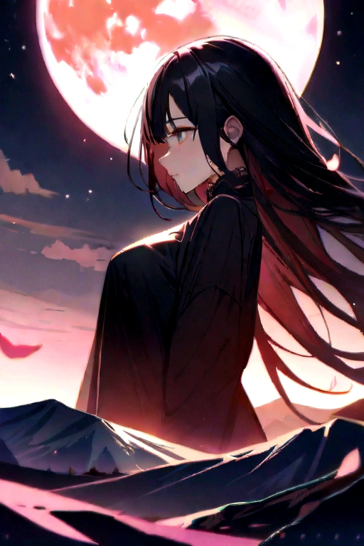 Masterpiece, Best Quality, evening, mountain, full moon, long black hair, in, stars, mysterious cherry blossom, pink leaves, high quality, beautiful graphics, high detail