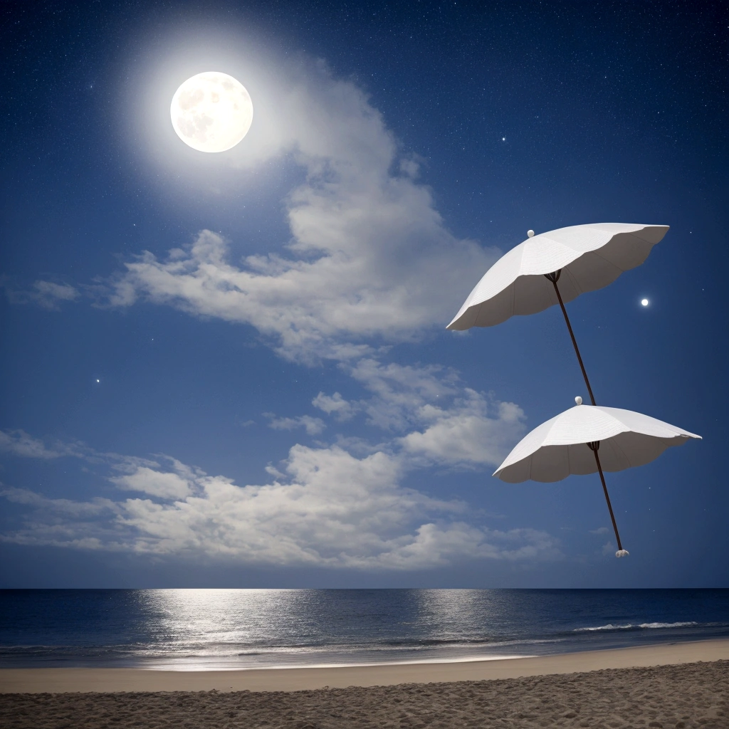 Beach, parasol, The sea at night, moon