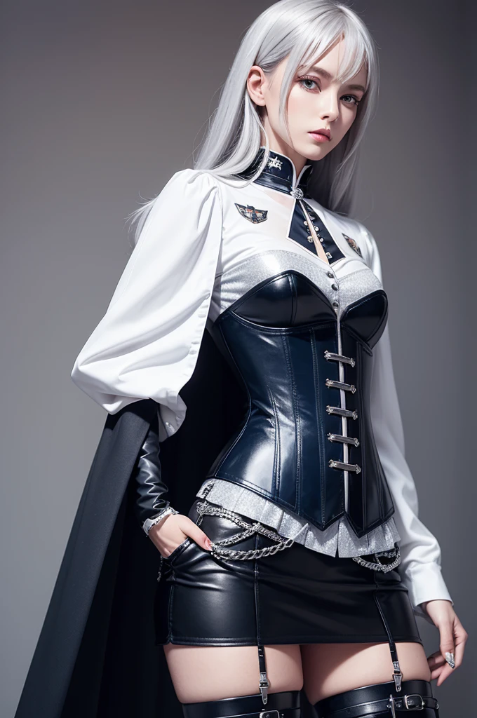 make a feminine outfit with a white long-sleeved blouse with a high collar and silver buttons,. The Academy emblem is embroidered on the left chest. with a dark blue corset with silver details, a dark blue mid-length skirt with pleats, A dark blue cape with silver lining, identical to the male. It has silver clasps and the Academy emblem embroidered on the back.. black leather boots, with silver buckles, A black leather belt with silver buckle and black leather fingerless gloves