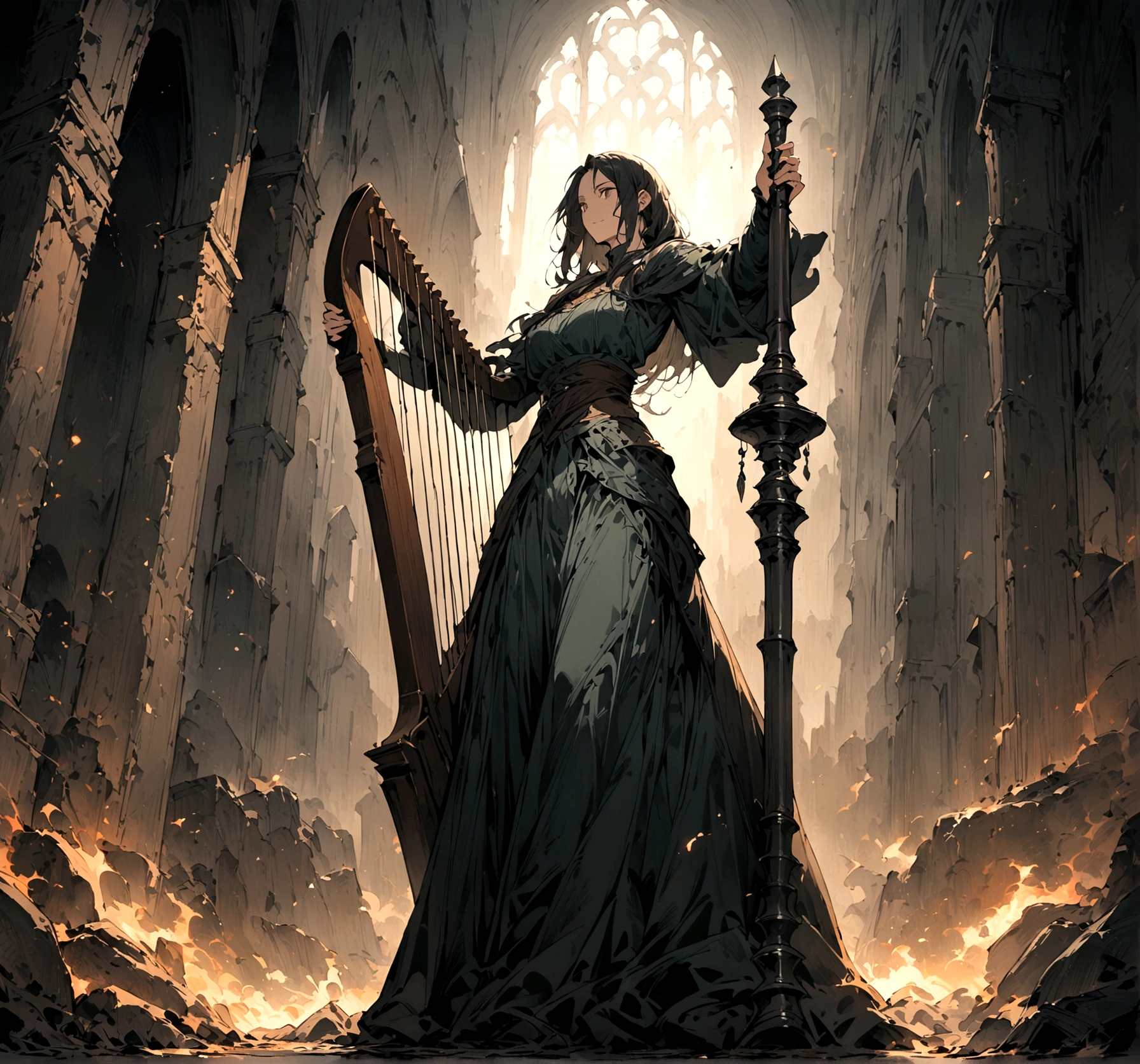 (HD), (masterpiece), (best quality), (Super detailed), (Best illustration), woman, Instrument 2Harp, whole body, middle Ages, Alone。