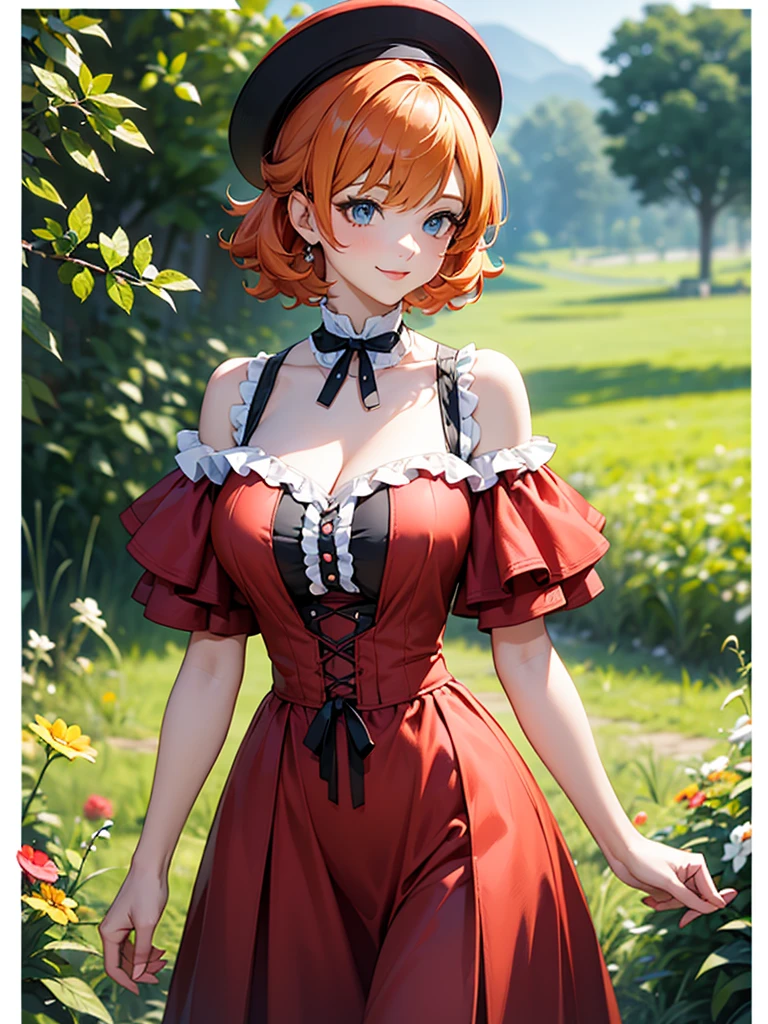 (solo), (red dress), (victorian dress), (smile), pale skin, (pale), outdoors, large breasts, happy, radiant glow, ((cowboy shot)), (holy aura), orange hair, ginger hair, bare shoulders, greenlands, open plains for background